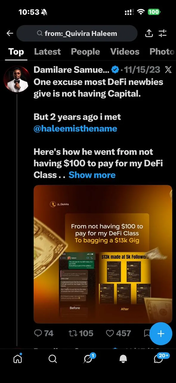 X thread with a before and after cover image. The before shows a chat where a student cannot afford a 100 dollar DeFi class, the after shows payment receipts captioned 13k made at 5k followers.