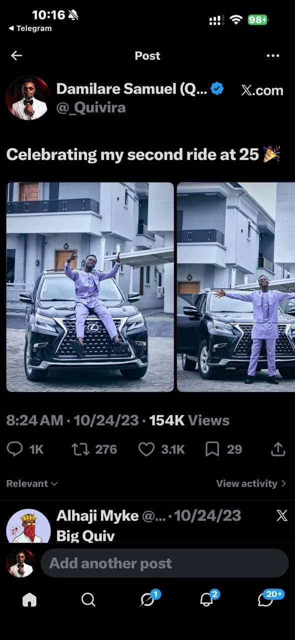 X post reading Celebrating my second ride at 25 with two photos, showing 154K views, 3.1K likes, 1K replies and 276 reposts.