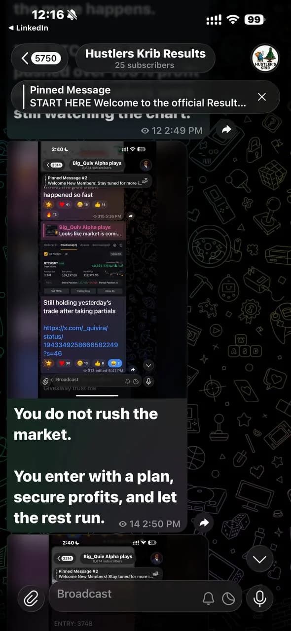 Telegram posts showing a runner position held after taking partial profits, alongside the message explaining securing profits and letting the rest run.