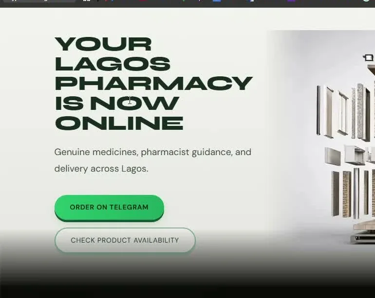 Peaceway Online homepage. Headline reads YOUR LAGOS PHARMACY IS NOW ONLINE, with buttons to order on Telegram or check product availability.