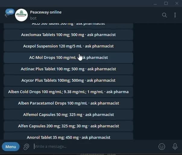 Telegram inventory search results listing products with dosage strengths. Every visible row shows the words ask pharmacist in place of a price.
